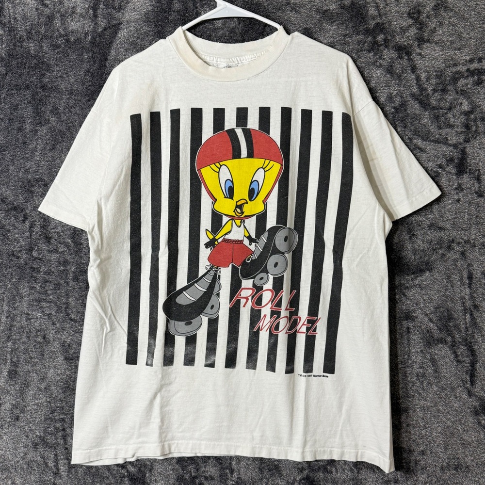 Vintage 90s Tweety Bird Roller Skating T-Shirt‎ Looney Tunes White One Size